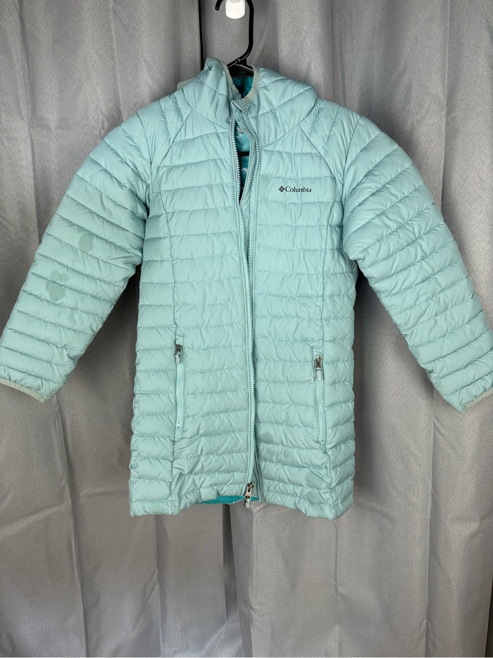 Columbia Light Blue Hooded Puffer Jacket Longline Coat